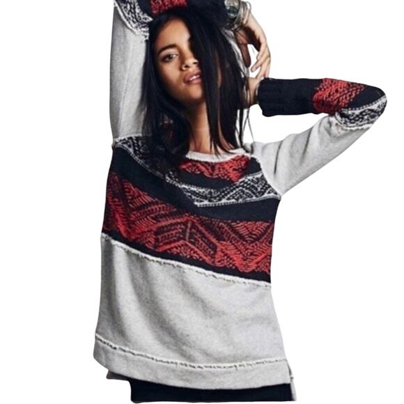 Free People Snow Angel Pullover Gray Red Black Sweater Women's Size XS - Picture 2 of 8
